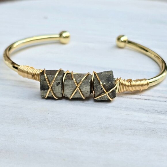 Raw Pyrite Wire Wrap Cuff w/ 14Kt Gold Over Copper – Handmade & Adjustable - Picture 4 of 10